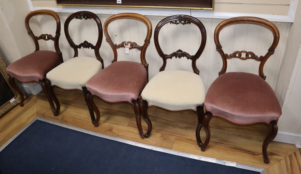 Five (three plus two) Victorian balloon back dining chairs